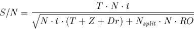 \begin{displaymath}S/N={T \cdot N \cdot t \over \sqrt{N \cdot t \cdot (T+Z+Dr) + N_{split} \cdot N
\cdot RO}}\end{displaymath}