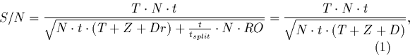 \begin{displaymath}S/N={T \cdot N \cdot t \over \sqrt{N \cdot t \cdot (T+Z+Dr) +...
...cdot N \cdot t \over \sqrt{N \cdot t \cdot (T+Z+D)}}, \eqno(1) \end{displaymath}