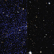 Srovnání vzhledu vzdálené kupy galaxií ve viditelném světle a v rentgenovém záření