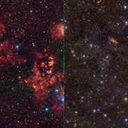 Compare the RCW 94/95 nebulae in visible and infrared light
