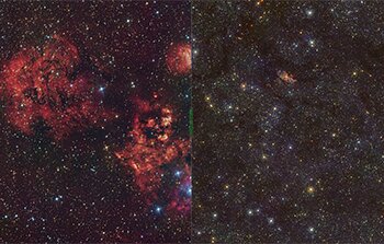 Compare the RCW 94/95 nebulae in visible and infrared light