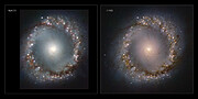 Das Bild zeigt zwei Versionen des inneren Rings in der Galaxie NGC 1097, wobei die rechte Version schärfer und detaillierter ist als die linke. Auf dem rechten Bild, dem neuesten Bild von ERIS, haben Staub und Gas des Rings helle rosa und blaue Farben. Der Ring hat helle Flecken, die zeigen, wo sich Sterne bilden. Es gibt dunklere Flecken im Ring, wo der Staub zu dicht ist, um Licht durchzulassen. In der Mitte des Rings befindet sich ein helles rosa-gelbes Leuchten mit einem sehr hellen Zentrum. Zwischen diesem Leuchten in der Mitte und dem Ring gibt es eine Lücke, durch die das dunkle Universum im Hintergrund hindurchschaut.