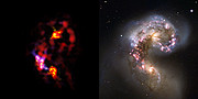 Antennae galaxies, side-by-side comparison of ALMA and VLT observations