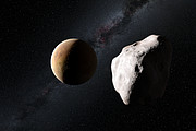Artist's impression of the asteroid Lutetia making a close approach to a planet in the early Solar System