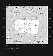 Poloha oblasti ‚Extended Chandra Deep Field South‘ v souhvězdí Chemické pece (Fornax)