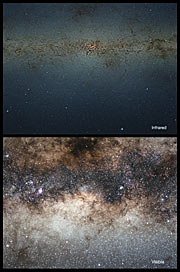 Srovnání záběru centrální části Galaxie ve viditelném a infračerveném oboru 