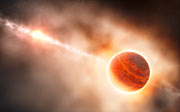 Artist’s impression van een grote gasplaneet die uit het stof rond de jonge ster HD 100546 ontstaat