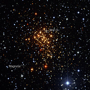 De sterrenhoop Westerlund 1 en de posities van de magnetar en zijn waarschijnlijke voormalige begeleider