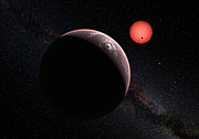 Tegnerens udgave af dværgstjernen TRAPPIST-1 og dens tre små planeter