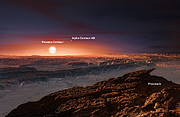 Artist's impression van de planeet die rond Proxima Centauri draait (geannoteerd)