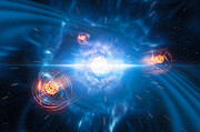 Artystyczna wizja strontu powstającego z merdżera gwiazd neutronowych