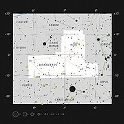The image shows a constellation map of Monoceros. The vertical axis scale is in degrees, while the horizontal axis is in units of hours. Along the bottom there is a scale to compare brightness of different stars. Monoceros sits centrally in the map; around it are the constellations Canis Minor and Canis Major, among others.