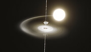 The dark background of this image is broken by the fascinating artist's impression in the central region of the small pulsar and the big companion star. At the very centre is the pulsar, a small white sphere with two narrow white jets coming vertically out of it on either side — one is extending upwards to the top of the frame, the other downwards to the bottom. Grey semi-spherical blobs of hot gas are being expelled in the same directions as the jets, although the bottom blob is barely visible underneath a gas disc close to the pulsar. The disc is swirling into the pulsar and it is bright and white close to it. The disc is connected with a curved arm to the companion star, a much larger and brighter circle in the upper right of the image. From this star, the pulsar is stealing gas.