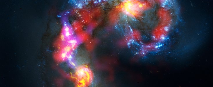 Imagen compuesta de las galaxias de las Antenas a partir de observaciones de ALMA y Hubble