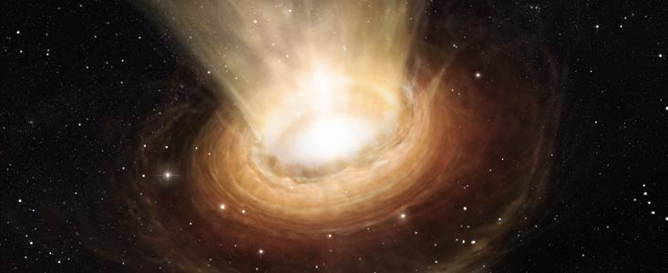 Taiteilijan näkemys galaksin NGC 3783 supermassiivisen mustan aukon ympäristöstä