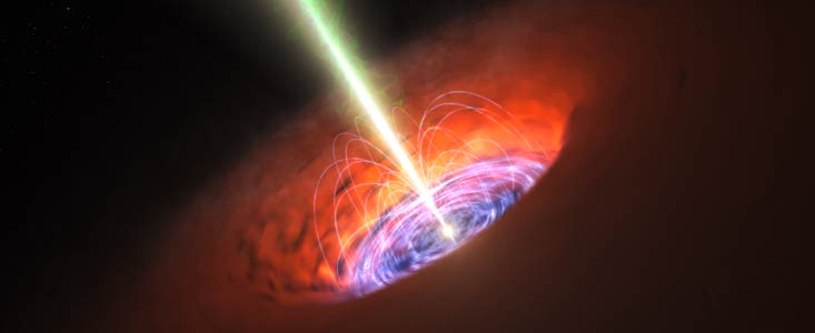 Ilustración de un agujero negro supermasivo en el centro de una galaxia 