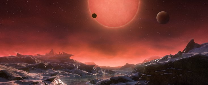 Vue d’artiste de l’étoile naine extrêmement froide TRAPPIST-1 depuis la surface d’une de ses planètes