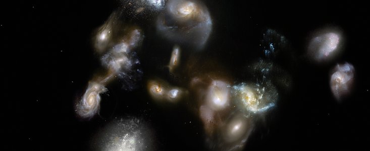 Artist’s impression van een oeroude megafusie van sterrenstelsels