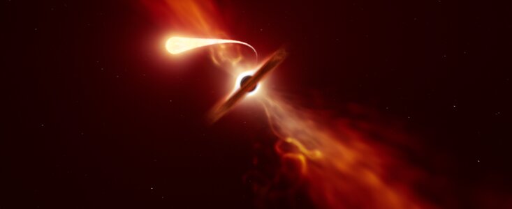 Artist’s impression van een ster die uit elkaar wordt getrokken door een superzwaar zwart gat