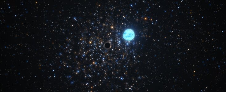 Artist’s impression van het zwarte gat in NGC 1850, die zijn begeleidende ster vervormt