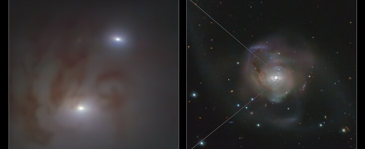 Vue rapprochée et vue à grand champ de la paire de trous noirs supermassifs la plus proche.