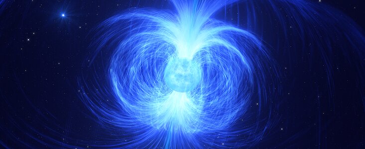 A dynamic blue sphere, the massive star, is at the centre of this image, with powerful blue magnetic field lines all around it. The field lines look wispy and fine but are densely packed, especially near the star itself. The lines shoot out of the surface of the star, especially at the poles, and curl back around on themselves in closed loops that end on the other side of the star's equator. Some do this close to the star in tightly wound loops, while others extend out to the edge of the frame, looping back in long arcs.