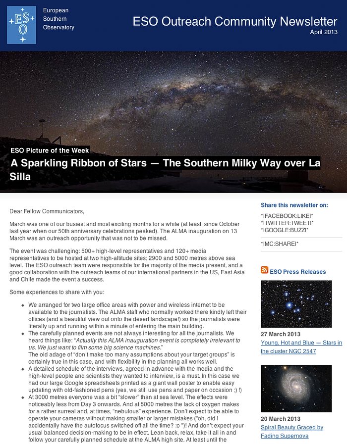 ESO Outreach Community Newsletter — April 2013