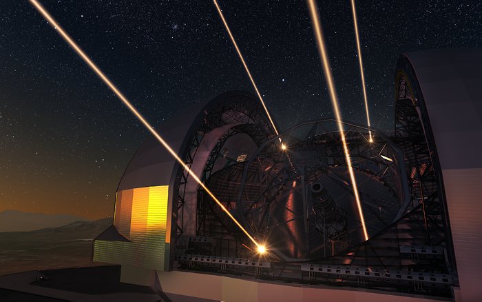 Künstlerische Darstellung des European Extremely Large Telescope mit Lasern für die Adaptive Optik im Einsatz