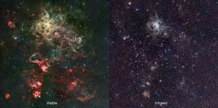Comparación en infrarrojo/visible de la imagen de la Nebulosa de la Tarántula obtenida por VISTA