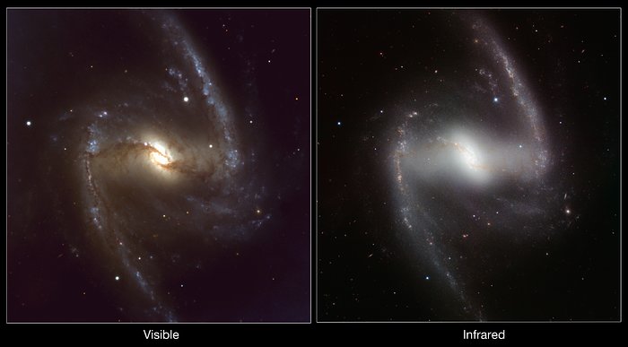 Comparison of visible-light and infrared images of the galaxy NGC 1365