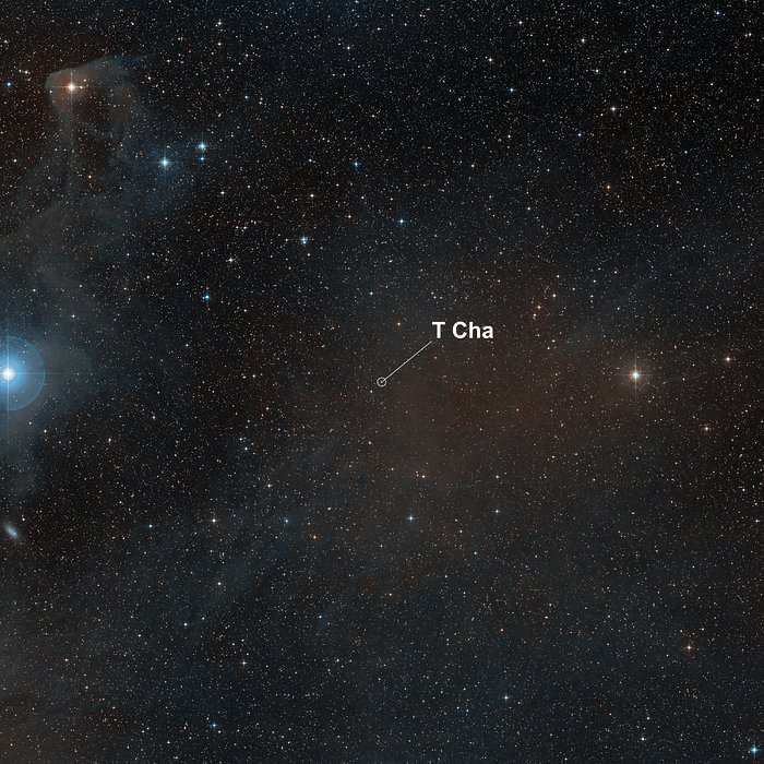 Una visión de campo amplio alrededor de la estrella joven T Cha (con anotaciones)