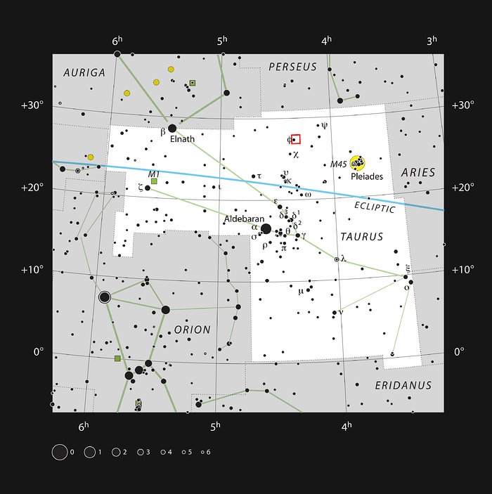Diagram showing the position of Barnard 211 and Barnard 213 in Taurus
