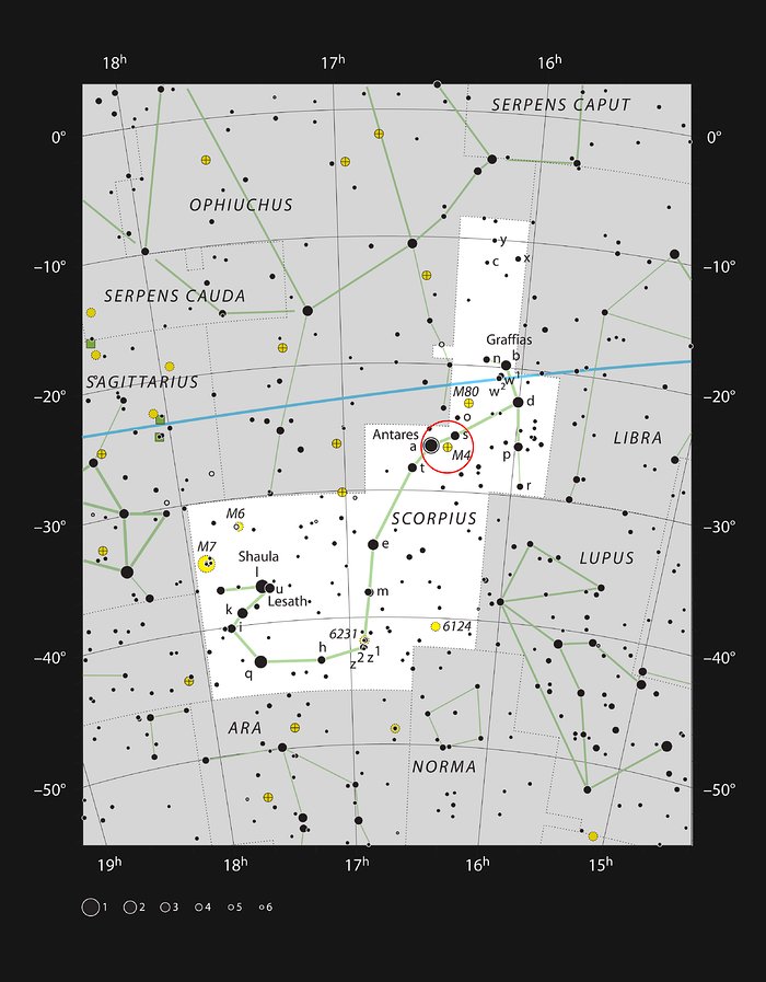 Kuglehoben Messier 4 i stjernebilledet Scorpius