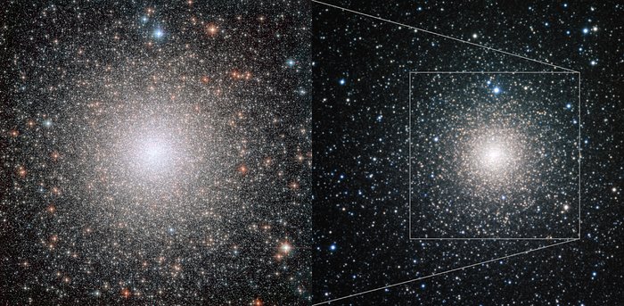 NGC 6388, vanaf de aarde en vanuit de ruimte gezien  