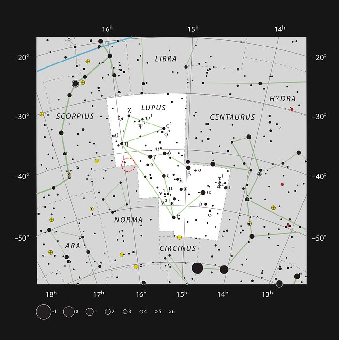 Nuoren tähden HD 142527 sijainti Suden tähdistössä