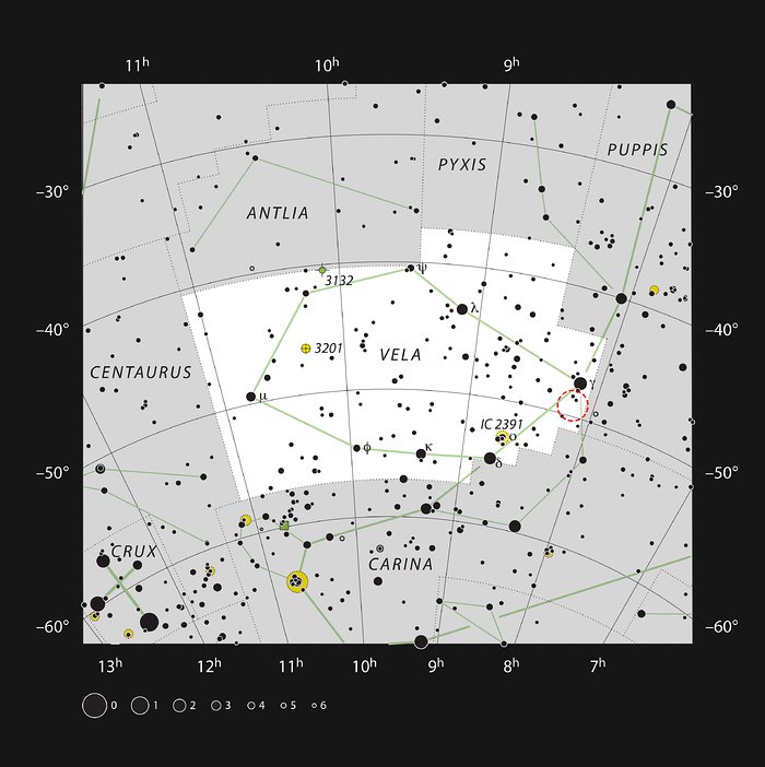 Den åbner stjernehob NGC 2547 i stjernebilledet Vela