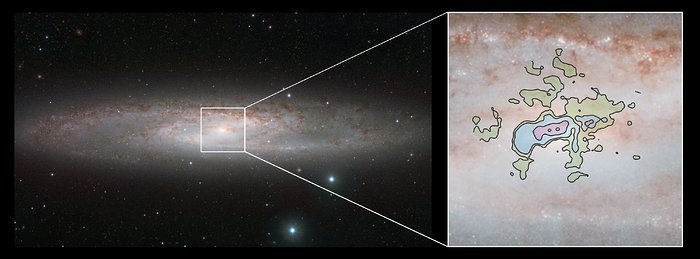 Galaxie NGC 253 na kombinovaném záběru z dalekohledu VISTA a teleskopu ALMA