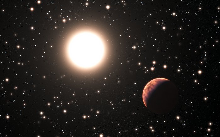 Artist’s impression van een exoplaneet die om een ster van de sterrenhoop Messier 67 cirkelt