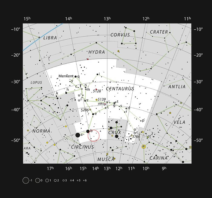 Den gule hyperkæmpestjerne, HR 5171 A, i stjernebilledet Kentauren