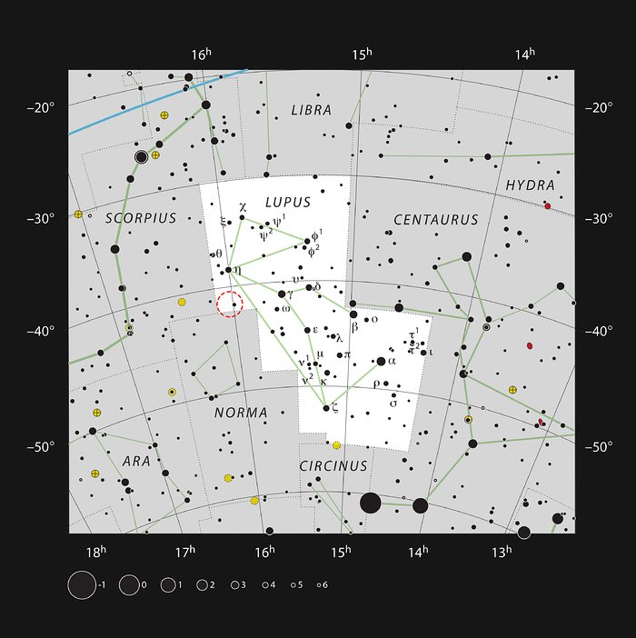 De positie van het donkere wolk Lupus 4 in het sterrenbeeld Wolf