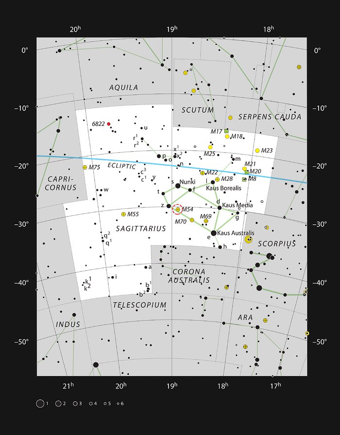 De bolvormige sterrenhoop M54 in het sterrenbeeld Boogschutter