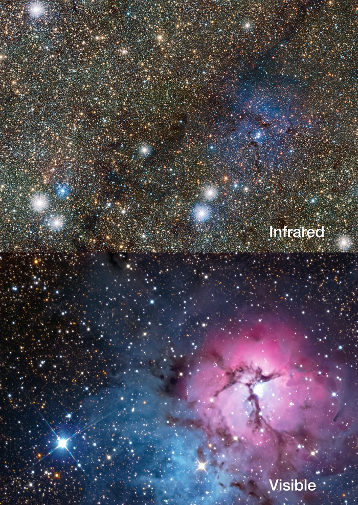 Jämför Trifidnebulosan i infrarött och synligt ljus