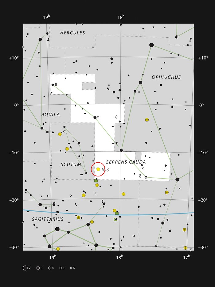Messier 16 en la constelación de Serpens Cauda (la cola de la serpiente) 