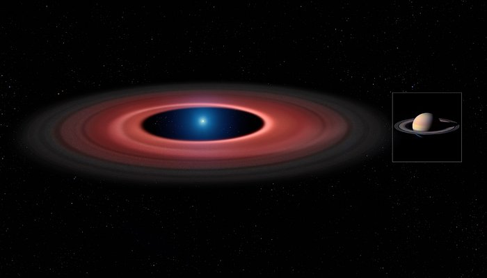 Artist’s impression die de materieschijf rond SDSS J1228+1040 vergelijk met de ring van Saturnus