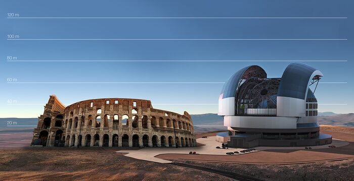 De E-ELT vergeleken met het Colosseum in Rome