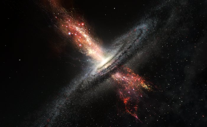 Artist’s impression van sterren die geboren worden in de winden van superzware zwarte gaten