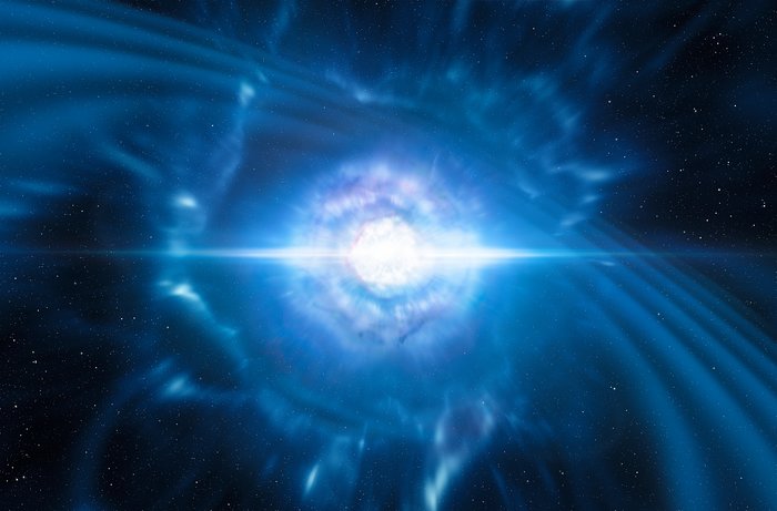 Illustration af to neutronstjerner, som smelter sammen