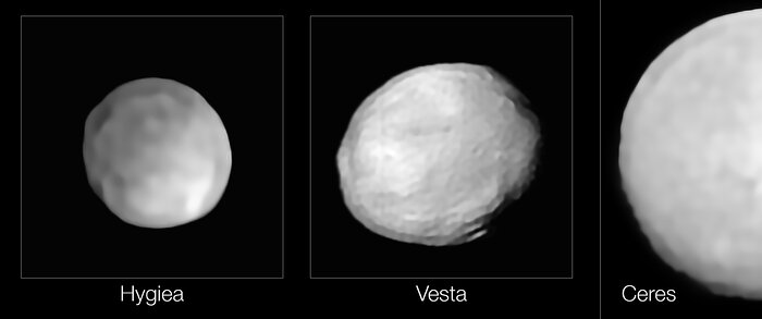SPHERE-opnamen van Hygiea, Vesta en Ceres