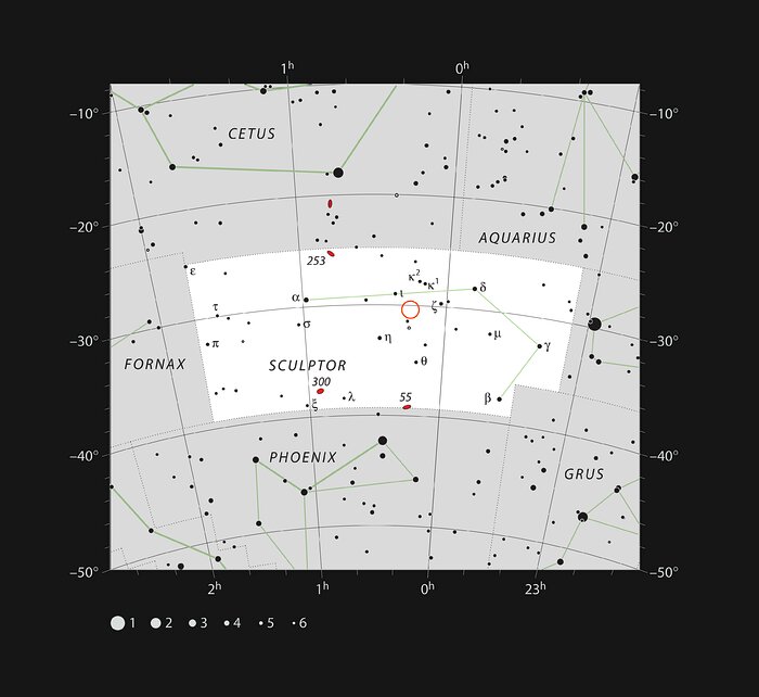 Positie van het planetenstelsel TOI-178 in het sterrenbeeld Sculptor (Beeldhouwer)