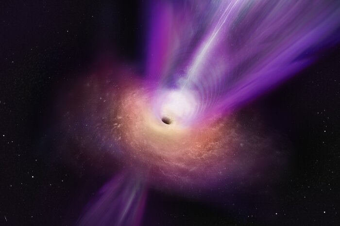 Konstnärlig gestaltning av det svarta hålet i M87 och dess energirika jetstråle